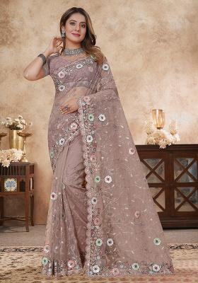 Dusty Mouse Embroidery Work Net Saree Set