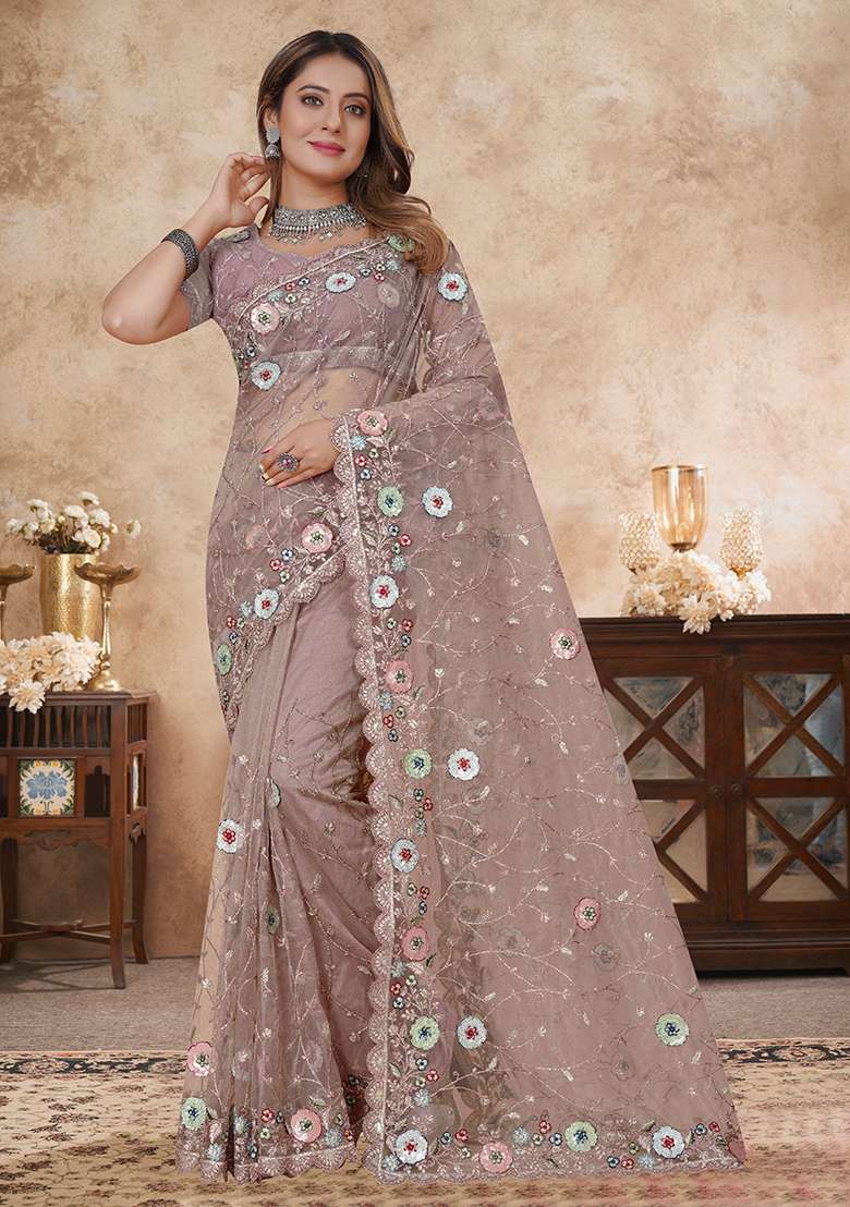 Dusty Mouse Work Net Saree Set with Embroidery for Diwali | Wedding & Festive Wear - Indya