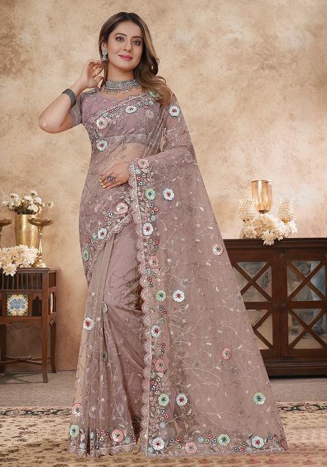 Dusty Mouse Embroidery Work Net Saree Set