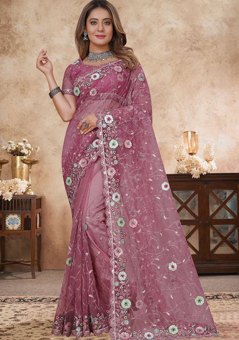 Dusty Gajari Embroidery Work Net Saree Set for Diwali and Festive Wear - Indya
