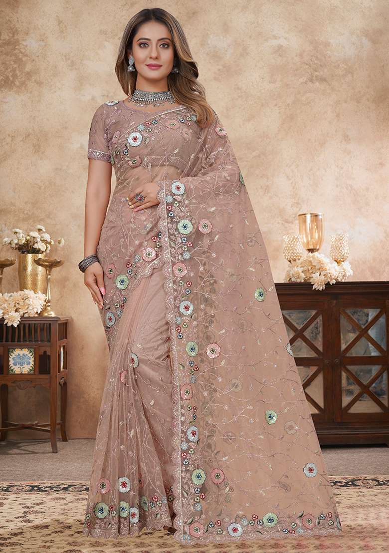 Peach Work Net Saree Set with Embroidery for Diwali | Wedding & Festive Wear - Indya