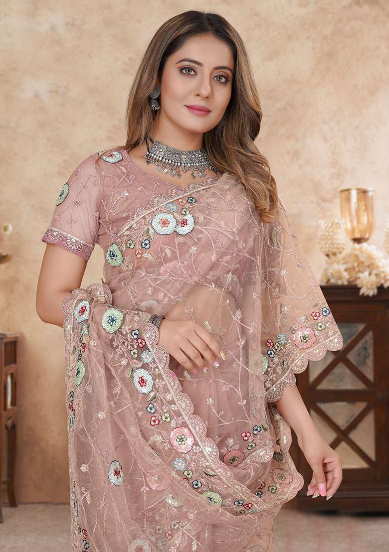 Peach Work Net Saree Set with Embroidery for Diwali | Wedding & Festive Wear - Indya