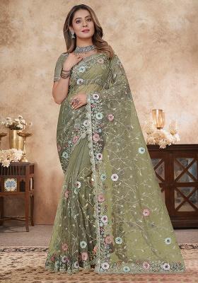 Dusty Pista Embroidery Work Net Saree Set