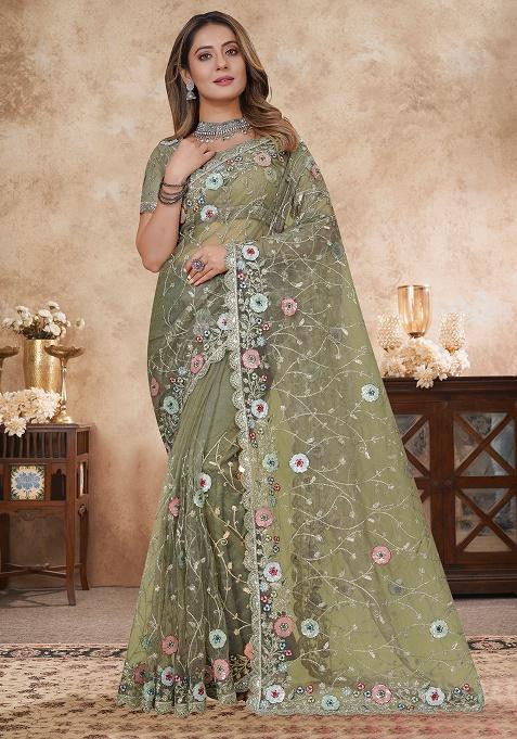 Dusty Pista Embroidery Work Net Saree Set