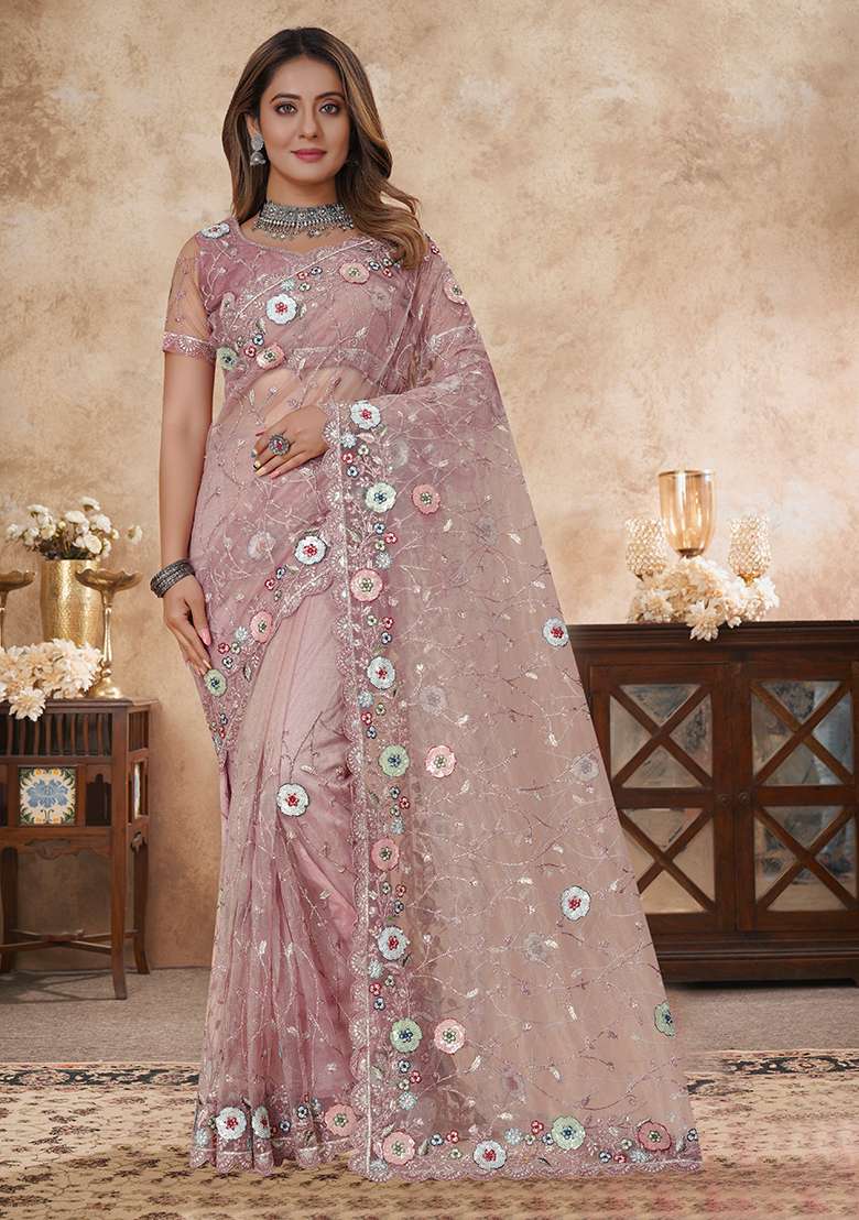 Dusty Pink Embroidery Work Net Saree Set for Diwali and Festive Wear - Indya