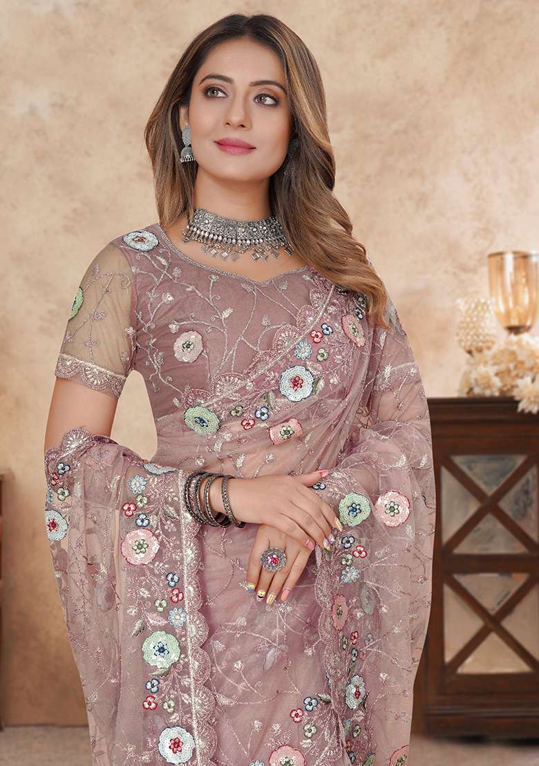 Dusty Pink Embroidery Work Net Saree Set for Diwali and Festive Wear - Indya