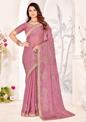 Dusty Pink Embroidery Work Silk Saree Set