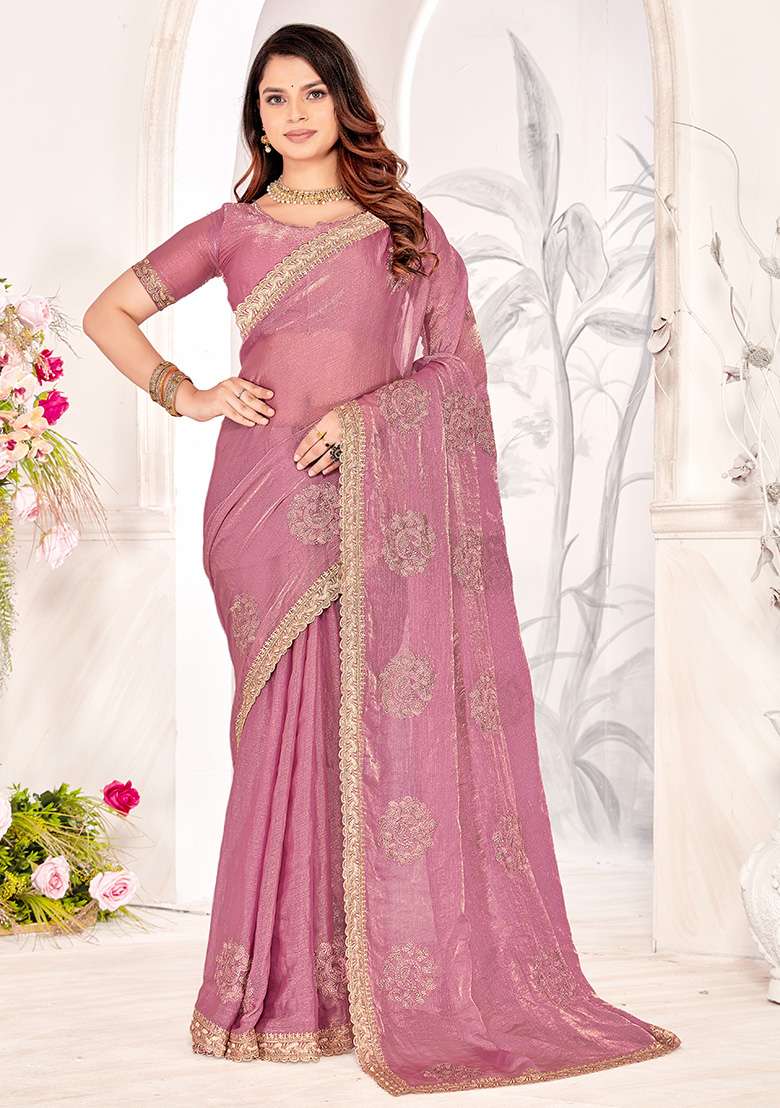 Dusty Pink Embroidery Work Silk Blend Saree Set for Diwali and Festive Wear - Indya