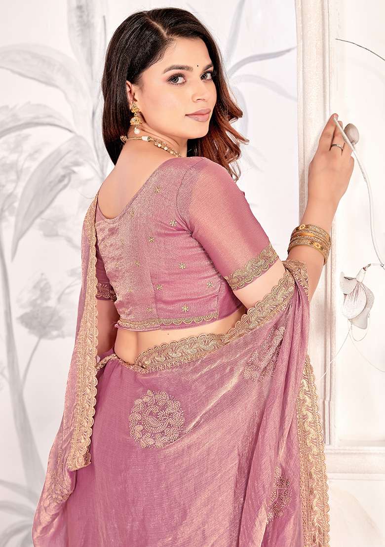Dusty Pink Embroidery Work Silk Blend Saree Set for Diwali and Festive Wear - Indya