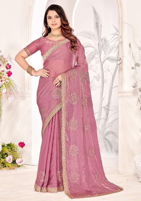 Dusty Pink Embroidery Work Silk Saree Set