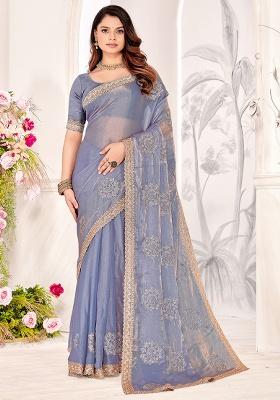 Lavender Embroidery Work Silk Saree Set