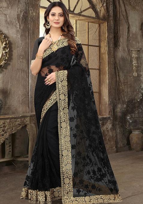 Black Embroidery Work Net Saree Set
