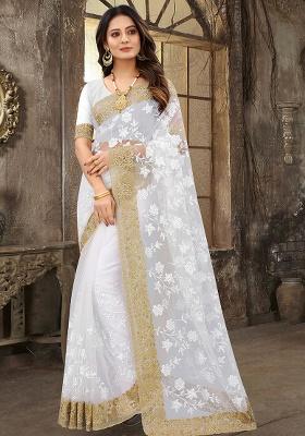 White Embroidery Work Net Saree Set