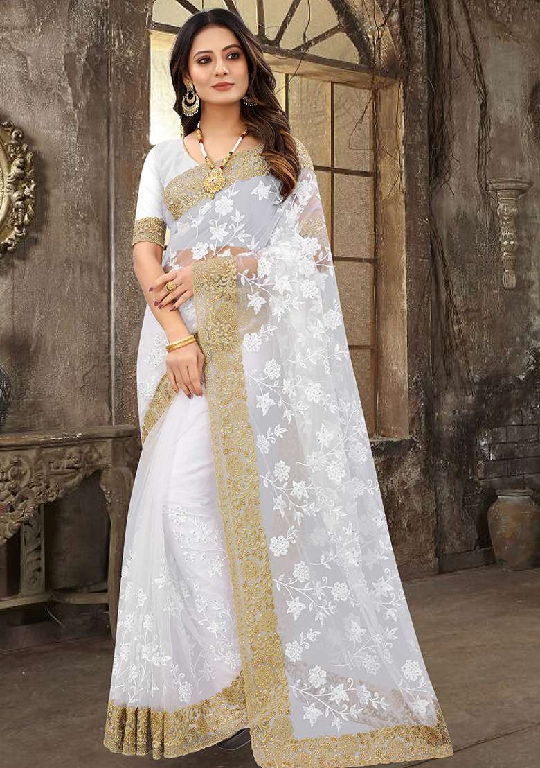 White Work Net Saree Set with Embroidery for Diwali | Wedding & Festive Wear - Indya