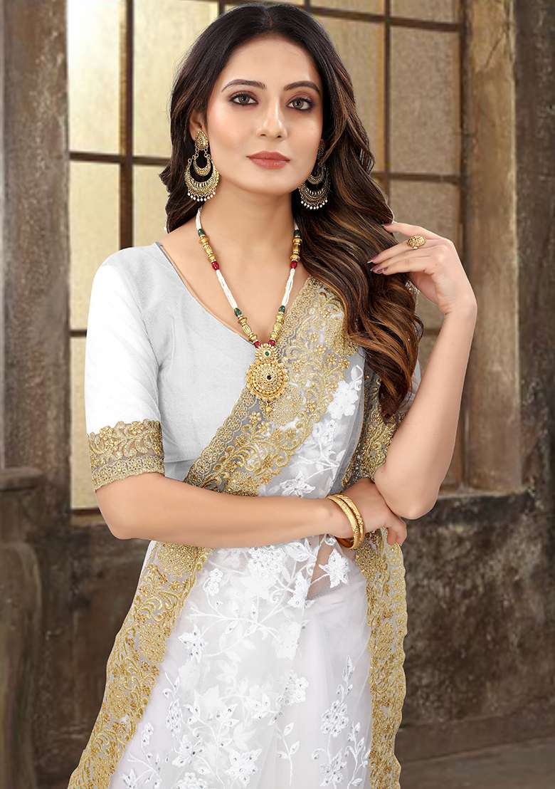 White Work Net Saree Set with Embroidery for Diwali | Wedding & Festive Wear - Indya
