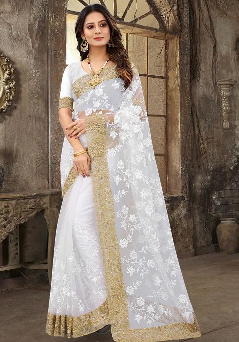 White Embroidery Work Net Saree Set