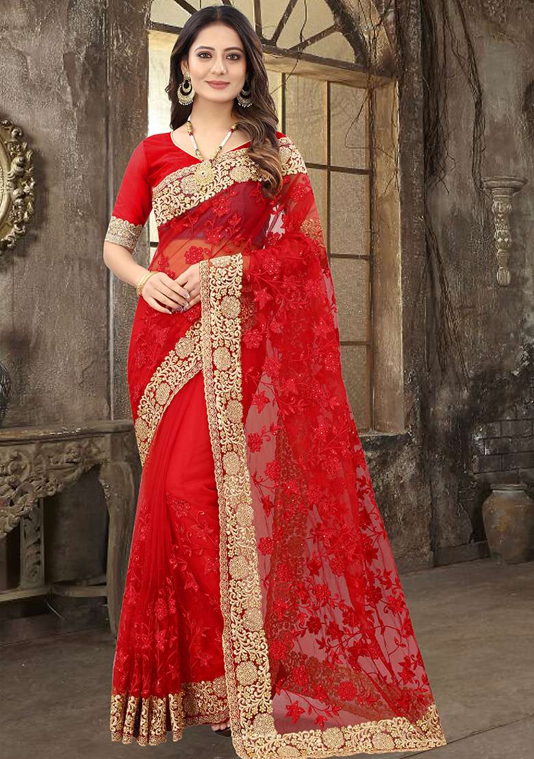 Red Work Net Saree Set with Embroidery for Diwali | Wedding & Festive Wear - Indya