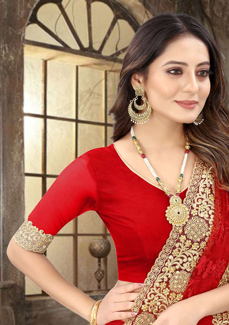 Red Work Net Saree Set with Embroidery for Diwali | Wedding & Festive Wear - Indya