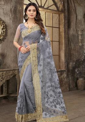 Grey Embroidery Work Net Saree Set