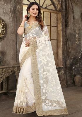 Cream Embroidery Work Net Saree Set