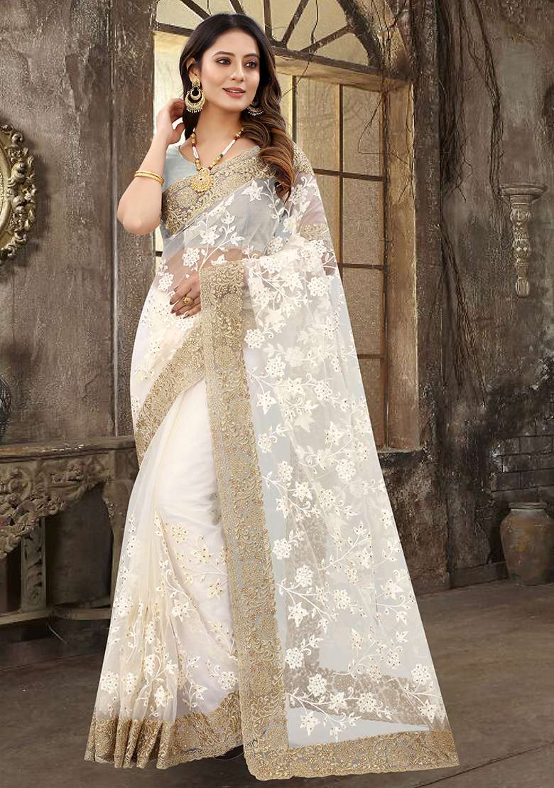 Cream Work Net Saree Set with Embroidery for Diwali | Wedding & Festive Wear - Indya