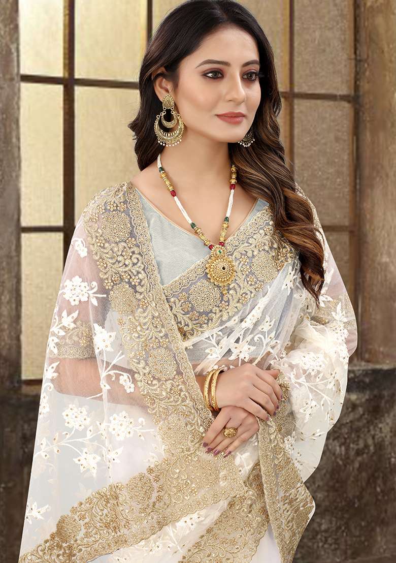 Cream Work Net Saree Set with Embroidery for Diwali | Wedding & Festive Wear - Indya