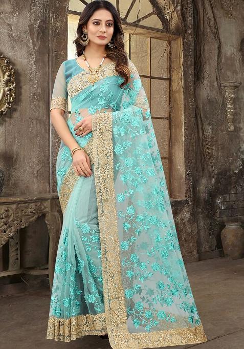 Blue Embroidery Work Net Saree Set
