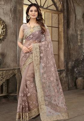 Mouse Embroidery Work Net Saree Set