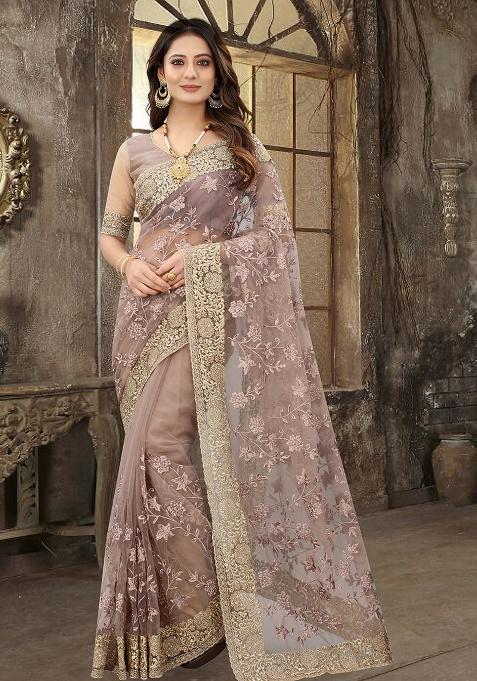 Mouse Embroidery Work Net Saree Set