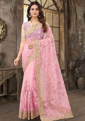 Dusty Pink Embroidery Work Net Saree Set