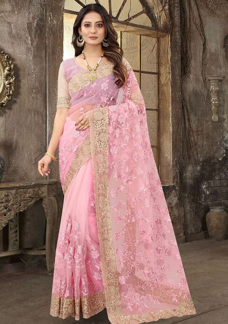 Dusty Pink Work Net Saree Set with Embroidery for Diwali | Wedding & Festive Wear - Indya
