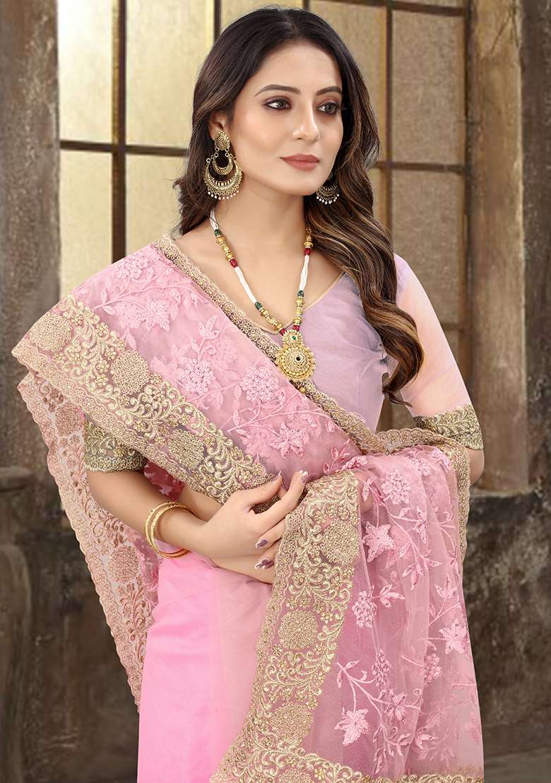 Dusty Pink Work Net Saree Set with Embroidery for Diwali | Wedding & Festive Wear - Indya