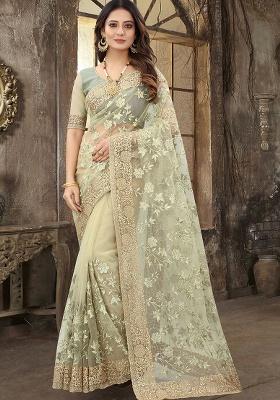 Dusty Pista Embroidery Work Net Saree Set