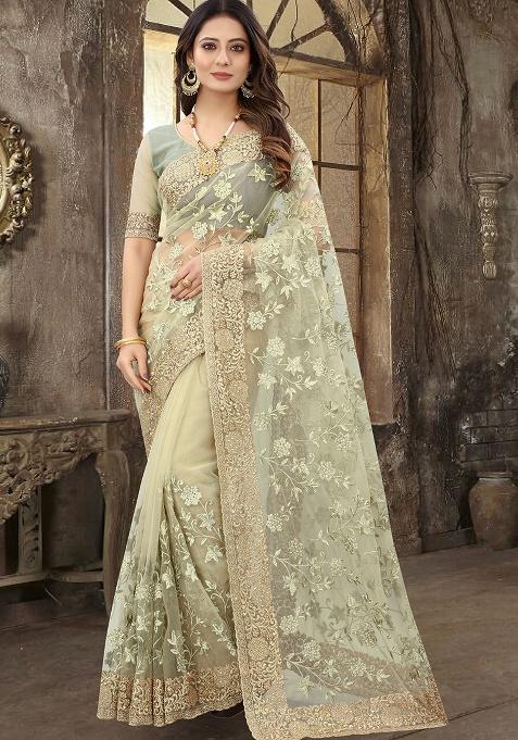 Dusty Pista Embroidery Work Net Saree Set