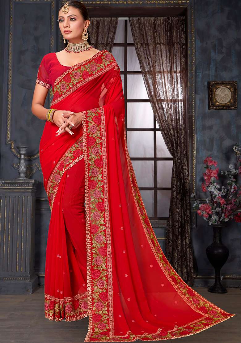Red Embroidery Work Georgette Saree Set - Indya