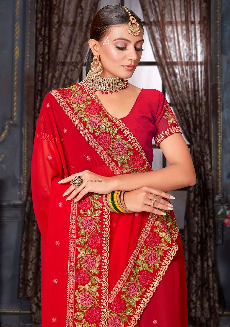 Red Embroidery Work Georgette Saree Set - Indya