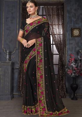 Black Embroidery Work Georgette Saree Set