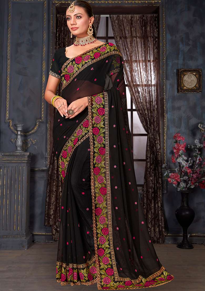 Black Embroidery Work Georgette Saree Set - Indya