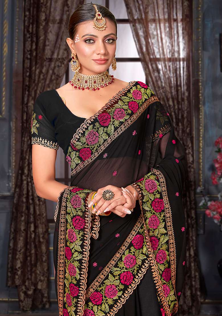 Black Embroidery Work Georgette Saree Set - Indya
