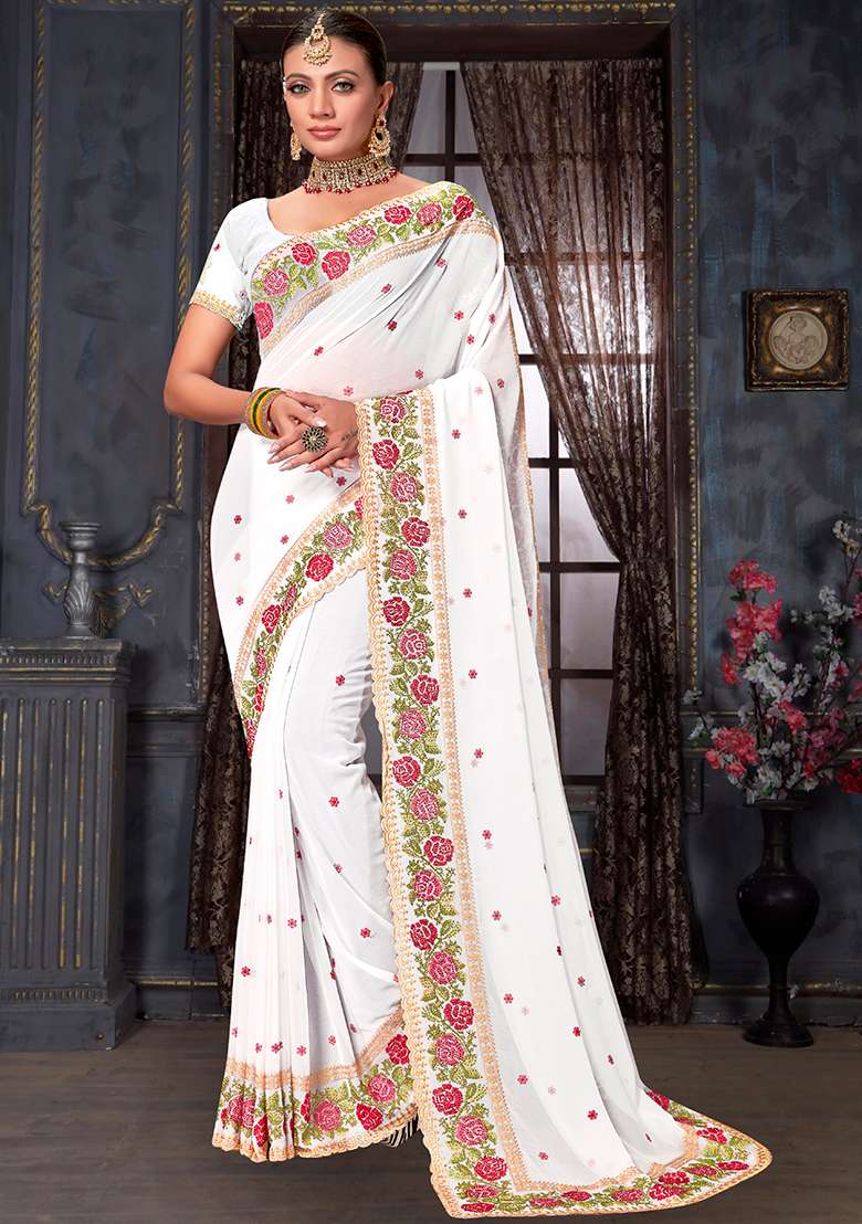 White Embroidery Work Georgette Saree Set - Indya