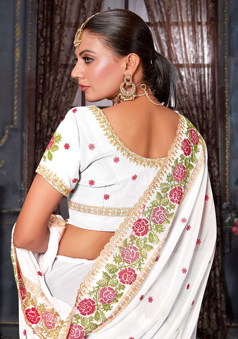 White Embroidery Work Georgette Saree Set - Indya