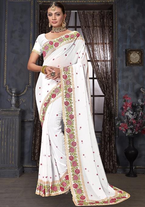 White Embroidery Work Georgette Saree Set