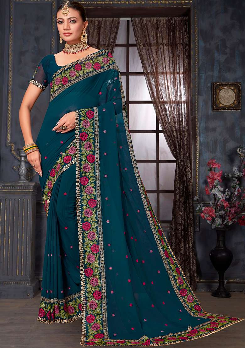 Blue Embroidery Work Georgette Saree Set - Indya