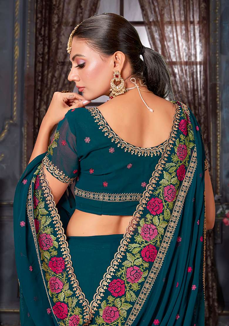 Blue Embroidery Work Georgette Saree Set - Indya