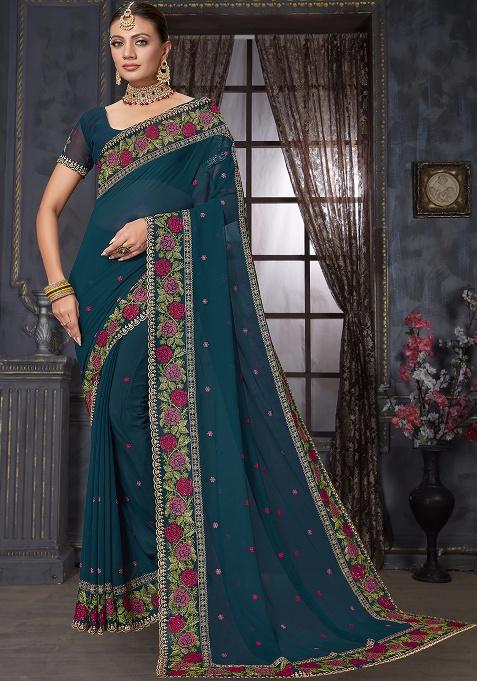 Blue Embroidery Work Georgette Saree Set