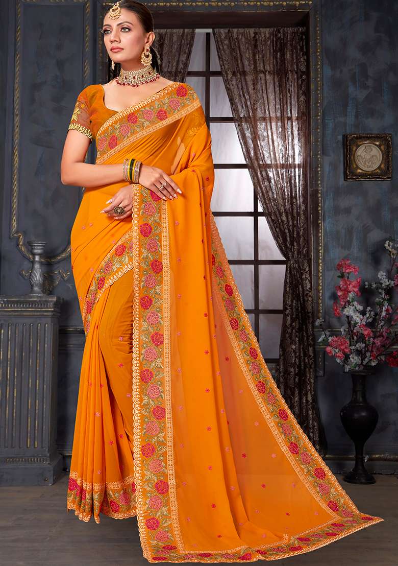 Mustard Embroidery Work Georgette Saree Set - Indya