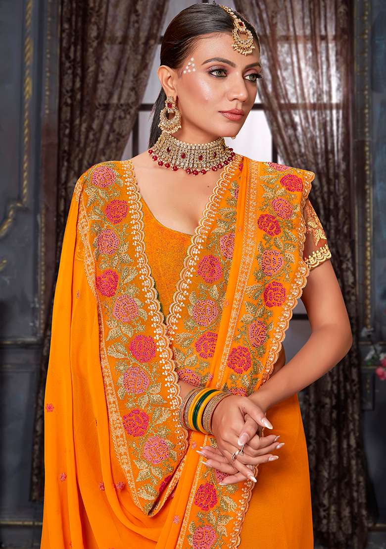 Mustard Embroidery Work Georgette Saree Set - Indya