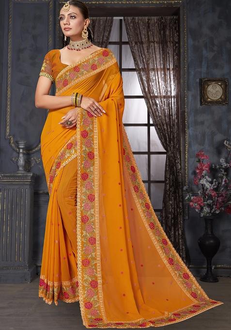 Mustard Embroidery Work Georgette Saree Set