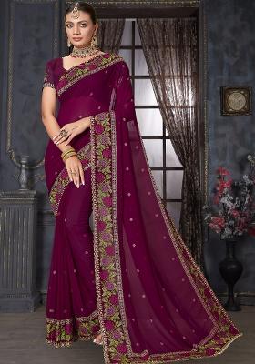 Wine Embroidery Work Georgette Saree Set