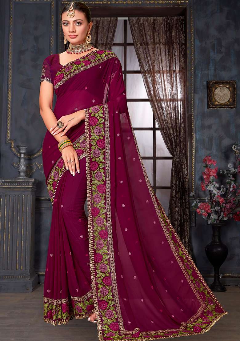Wine Embroidery Work Georgette Saree Set - Indya